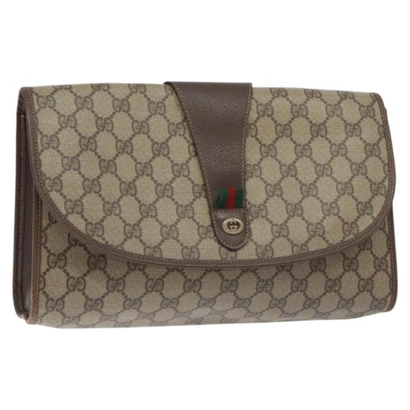 GUCCI GG Supreme Web Sherry Line Clutch Bag PVC Beige Red 156 01 031 Auth ki5765 - Picture 1 of 16
